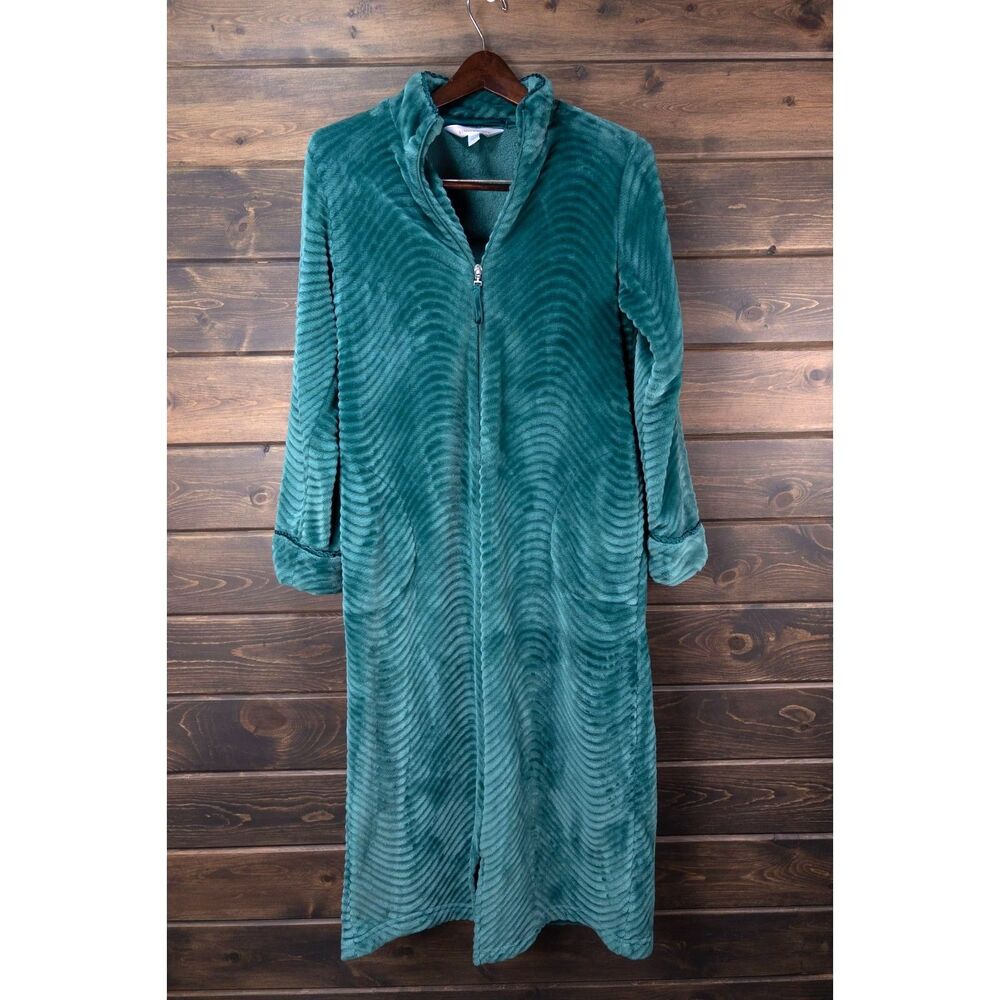 Stan Herman Emerald Green Plush Chenille Zip Front Robe Size Small Textured Long